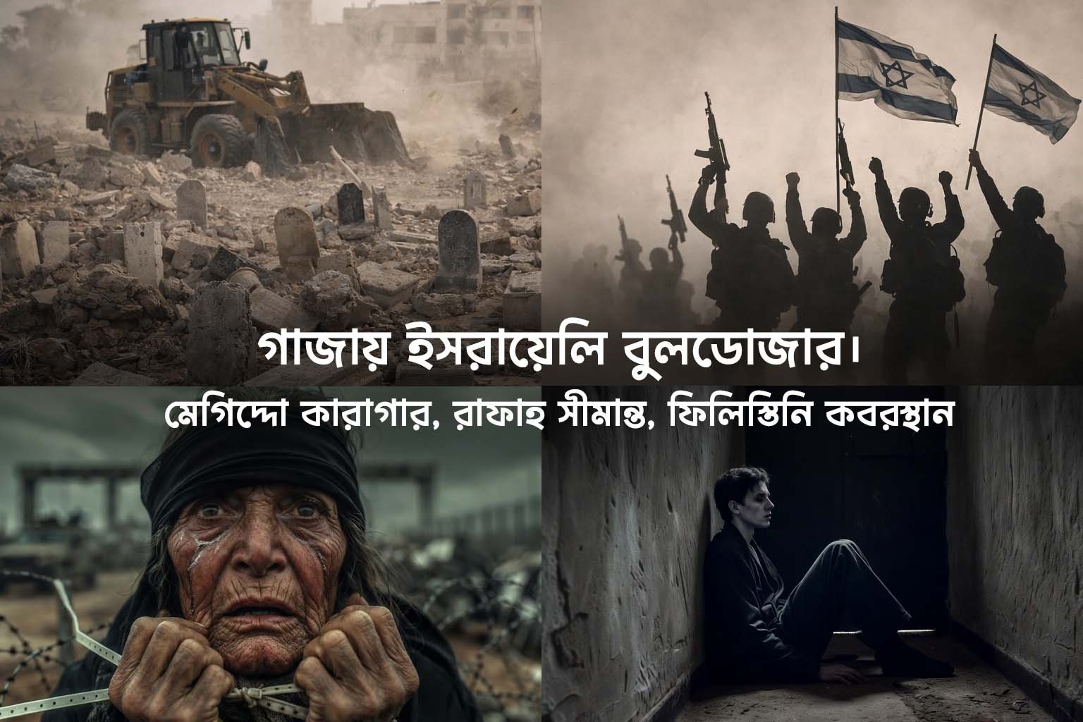 গাজায় ইসরায়েলি বুলডোজার মেগিদ্দো কারাগার, রাফাহ সীমান্ত, ফিলিস্তিনি কবরস্থান