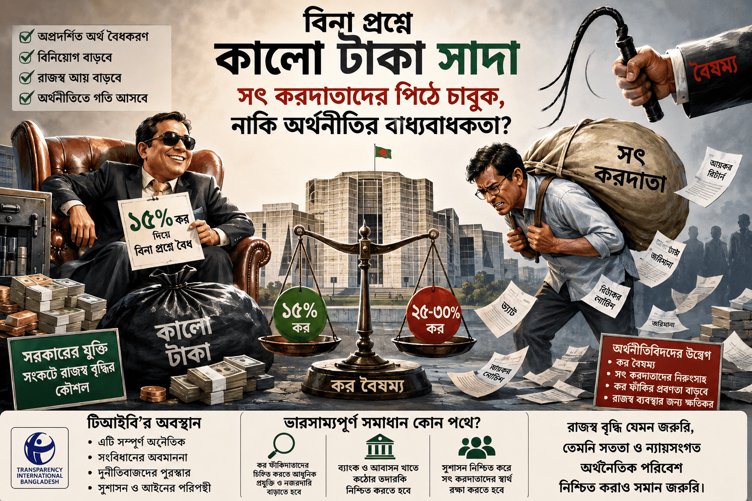 বিনা প্রশ্নে কালো টাকা সাদা: সৎ করদাতাদের পিঠে চাবুক, নাকি অর্থনীতির বাধ্যবাধকতা?